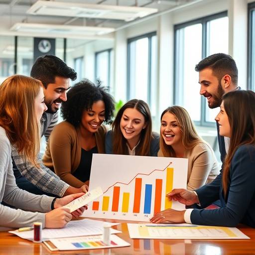 Diensten illustratie: Een professionele afbeelding van een team dat samenwerkt aan het optimaliseren van een wervingsproces, met grafieken en symbolen die groei en succes vertegenwoordigen.